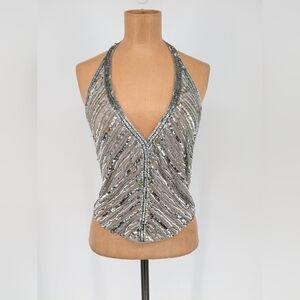 VTG Y2K Deadstock Moda International Silk Sequin Halter Top Silver Gold Sz S